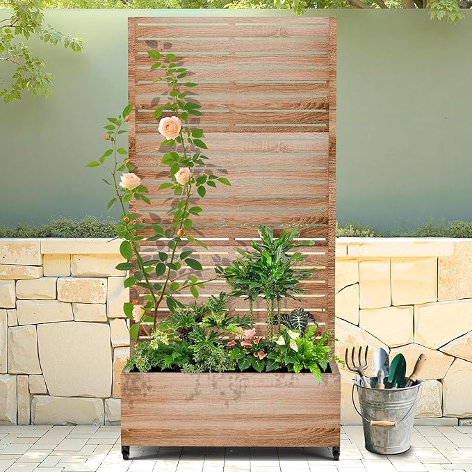 Raised Garden Bed with Trellis and Wheels73x47x16 Metal Raised Garden BedWood Finish Metal Planter with Climbing Trellis for Vines &amp Vegetables