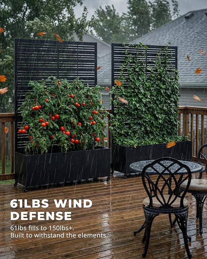 Metal Raised Garden Bed with Trellis 73×47×16 Privacy Screen Planter Box on Wheels — 61 lbs Won't Blow Over Rust-Proof Louvered Design for Climbing Plants Patio Deck Balcony - Black