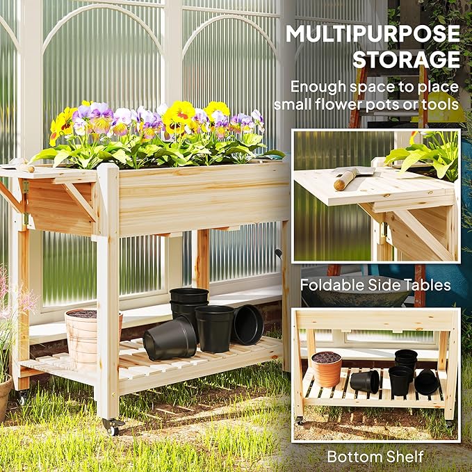 Optimal Elevated Garden BedWood Raised Planter Boxwith Lockable WheelsSide TablesBottom ShelfDrain Holes