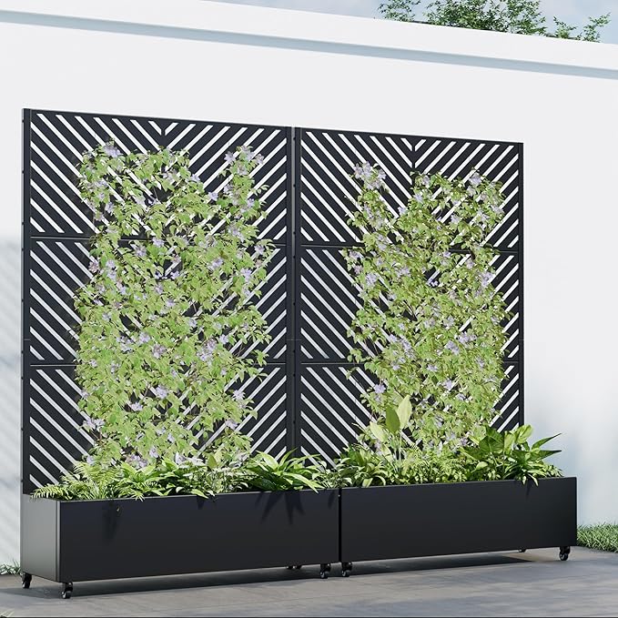 Casaphoria 72x47 Metal Raised Garden Bed with Trellis(2 Pack) Outdoor Planter Box with Wheels &amp Drainage Holes for Climbing Plants Flowers Elevated Garden Kit with Privacy Screen Black-Paral