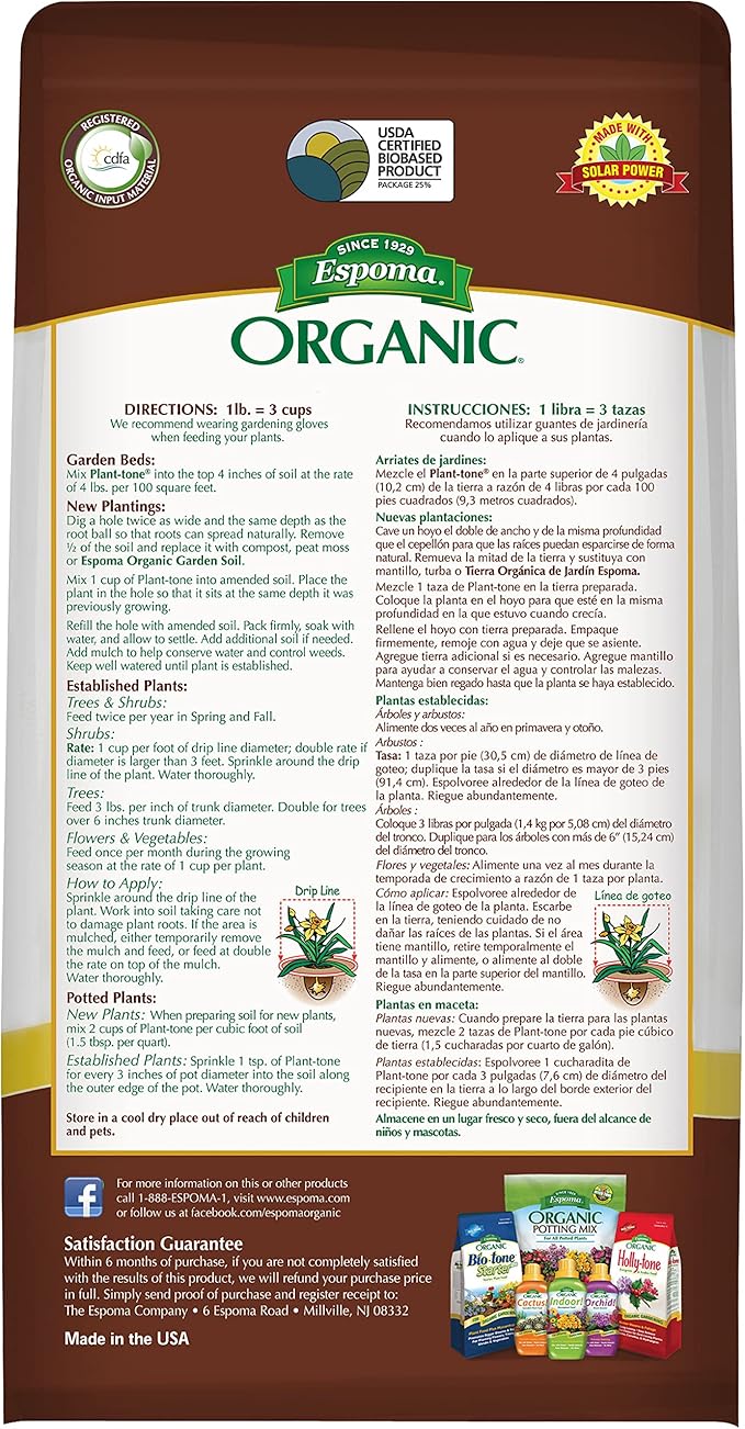 Espoma Organic Plant-Tone 5-3-3 Natural &amp Organic All Purpose Plant Food 4 lb. Bag Organic Fertilizer for All Flowers Vegetables Trees and Shrubs. - Pack of 2