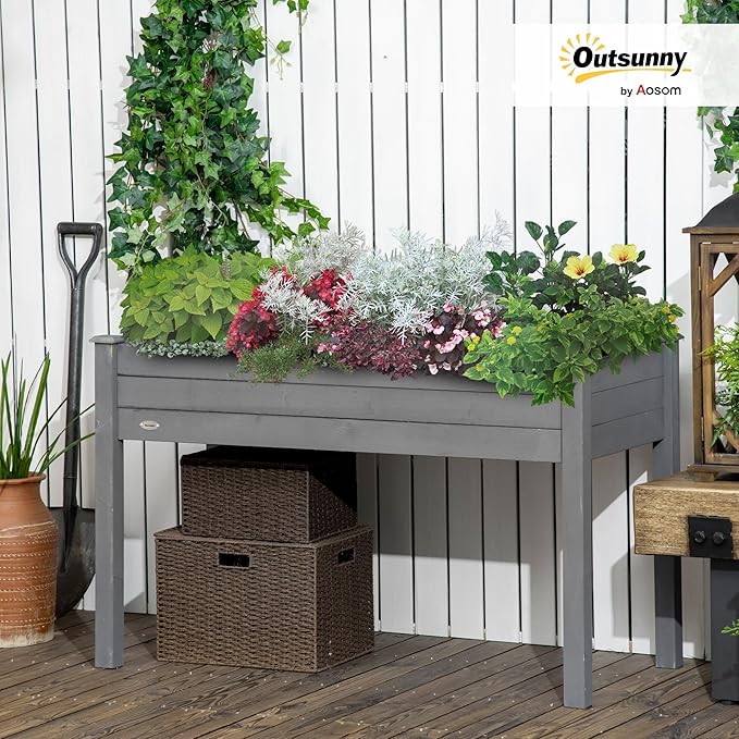 Outsunny Raised Garden Bed with Legs 48 x 22 x 30 Elevated Wooden Planter Box Self-Draining with Bed Liner for Vegetables Herbs and Flowers Backyard Patio Balcony Use Dark Gray
