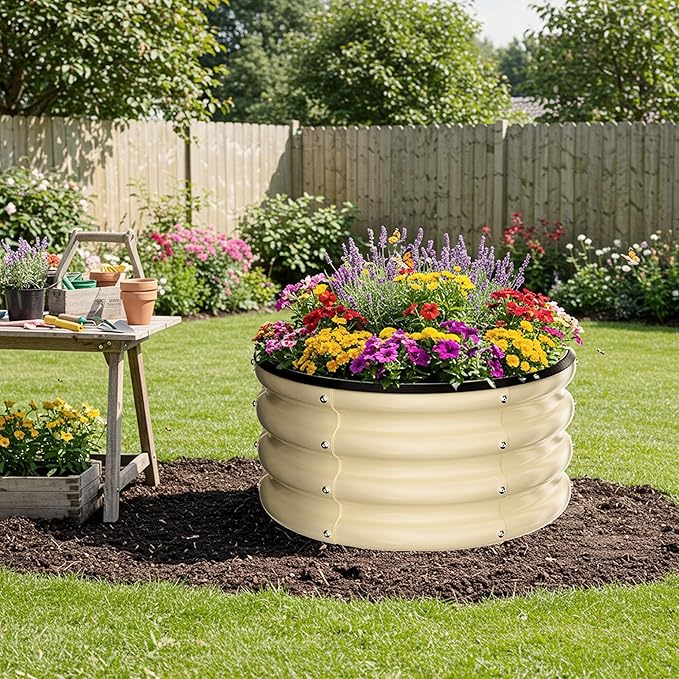 ZXZYHFTY Round Galvanized Raised Garden Bed kitWhite Outdoor Garden Raised Planter Box Round Large Metal Raised Garden Beds for Vegetable 2 * 2 * 1ft 3 Pcs