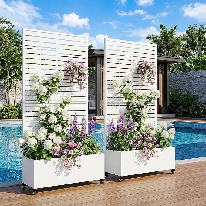 Casaphoria 72x35 Metal Raised Garden Bed with Trellis(2 Pack) Outdoor Planter Box with Wheels &amp Drainage Holes for Climbing Plants Flowers Elevated Garden Kit with Privacy Screen White-Louve