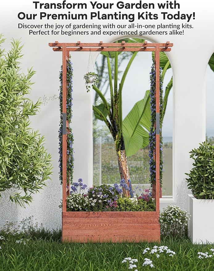 GarveeLife Raised Garden Bed with Trellis 45 in Wood Planter Box with Side Trellis Hanging Roof and 4 Drainage Holes Freestanding Elevated Garden Bed for Climbing Plants Vines Flowers