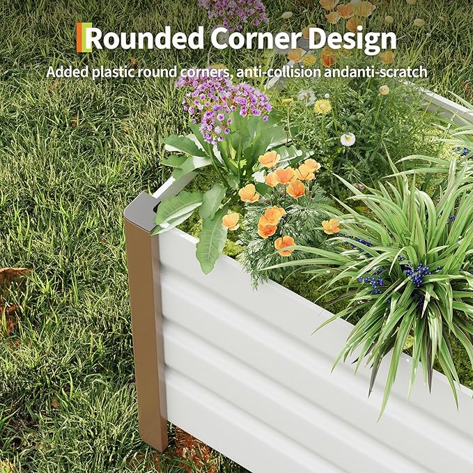 Garvee Aluminum Planter Box 24x16x18 Modern Raised Garden Bed with Rounded Corners &amp Anti-Cut Edging Deep Design with Drainage Holes for Outdoor Patio &amp Balcony White