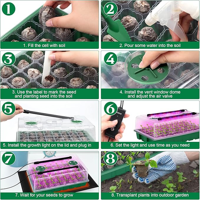 Seed Starter Kit 40-Cell Seed Starter Tray with Grow Lights Full Spectrum Seedling Heat Mat 40 Peat Pellets Seeds Starting Soil Plant Labels Garden Tools for Germination Seeds Growing Green