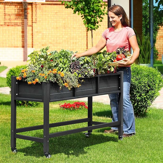 DWVO 47x18x31in Raised Garden Bed HDPE Weather-Resistant Poly Wood Planter Box Stand Planter Box with Legs &amp Lockable Wheels Elevated Garden Bed for Backyard Patio Balcony - Black