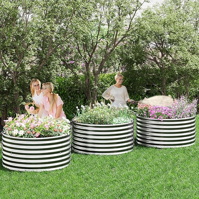 4 Pack Round Galvanized Raised Garden Bed Outdoor Metal Garden Bed for Vegetables Above Ground Garden Box for Flower Steel Raised Beds for Gardening - 2FT