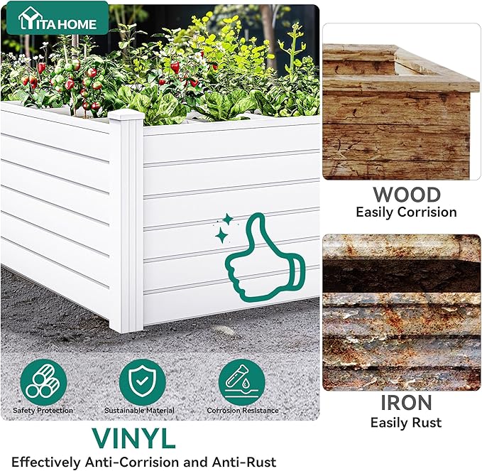YITAHOME 4x4x2 FT Plastic Raised Garden Bed Kit Large Outdoor Above Ground Planter Box with Growth Grid for Plants Vegetables and Flowers Easy Installation White