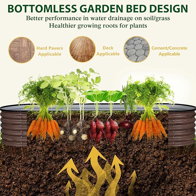 8x2x1.4ft Galvanized Raised Garden Bed 9-in-1 Metal Raised Planter Box Oval Outdoor for Vegetable Flower Backyard and Patio Rustic Brown