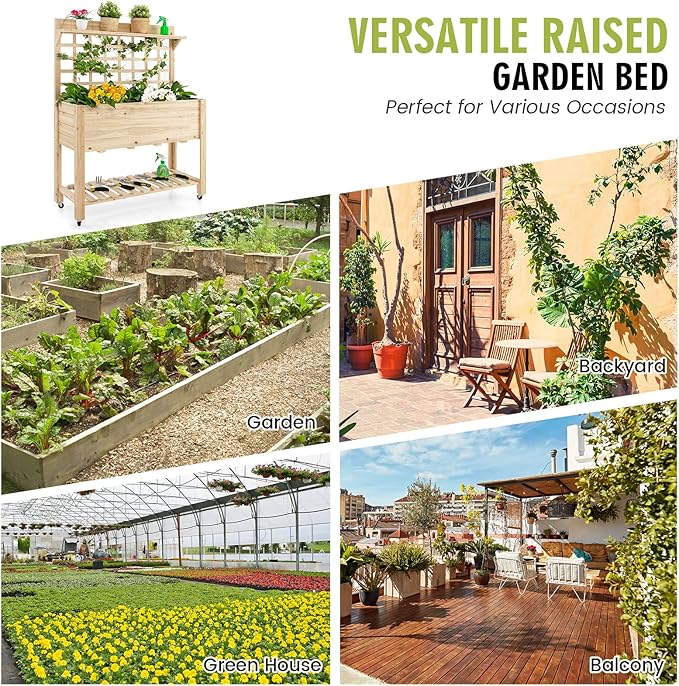 S AFSTAR Raised Garden Bed with Trellis 41.5x16x54in Mobile Elevated Planter Box with Wheels Bed Liner Top/Bottom Storage Shelves Freestanding Wood Planter Stand for Garden Patio Balcony