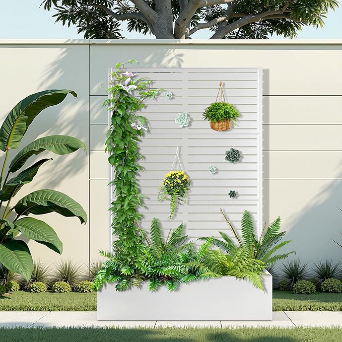 Metal Raised Garden Bed with Trellis 2 in 1 Trellis with Planter Box &amp Privacy Screen for Climbing Plants Vine Outdoor Standing Flower Beds with Drainage Holes 47 L x 16 W x 71 H White