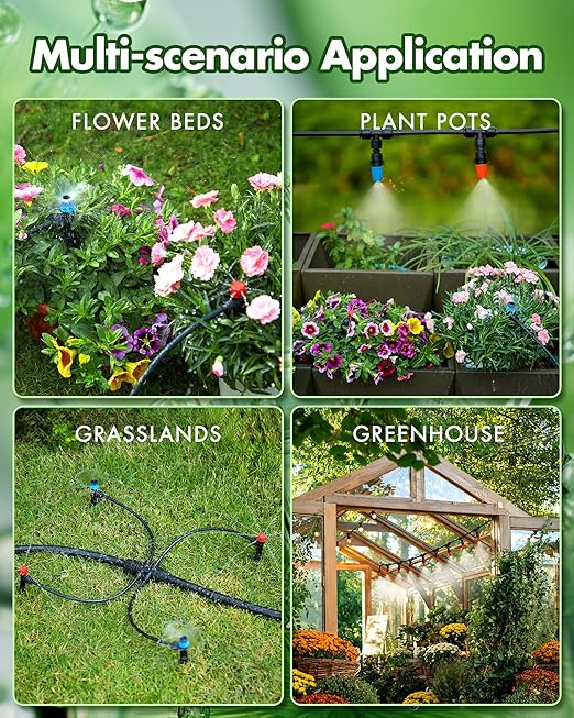 240FT Drip Irrigation System Kits - Automatic Garden Watering Sprinkler with 1/2 &amp 1/4 inch Tubing Hose Patio Misting Plant Irrigation Water Equipment Quick Connector for Greenhouse Flower Beds La