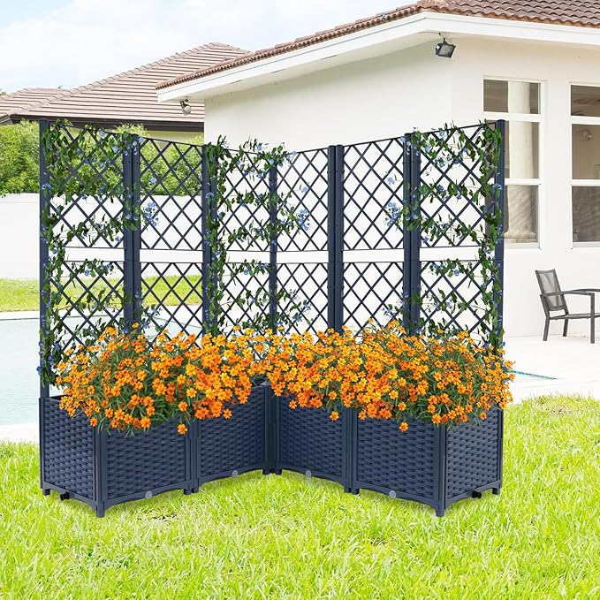 Garden Planter with Trellis Polypropylene Planter Boxes with 5 Compartments Garden Box with Privacy Screen for Outdoor Spaces Terraces Balconies-47.24 * 47.24 * 55.91in (Blue)