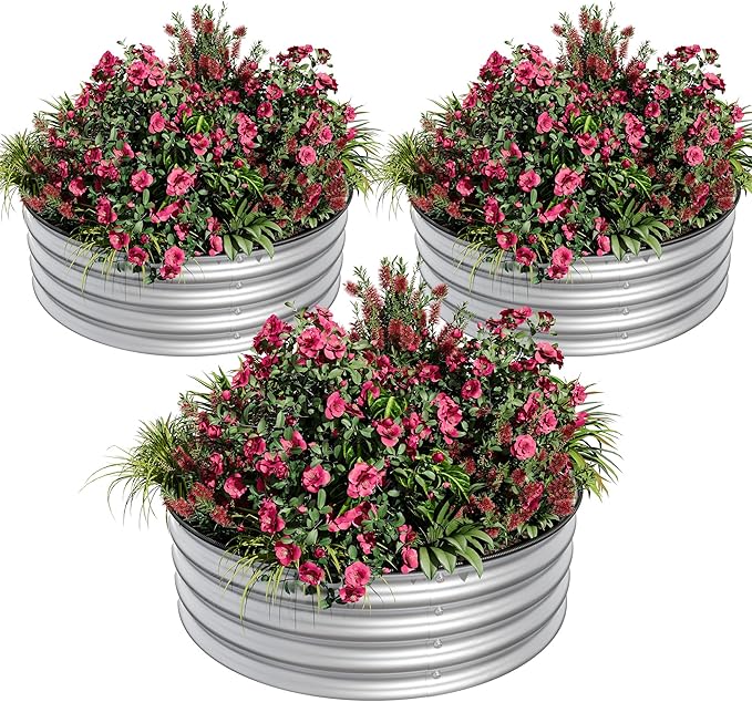 3PCS 2 x 1ft Round Raised Garden Bed Galvanized Metal Planter Box with Safety Rubber Edge Rust &amp Corrosion Resistant Easy Assembly Suitable for Vegetables Fruits Flowers Herbs Silver