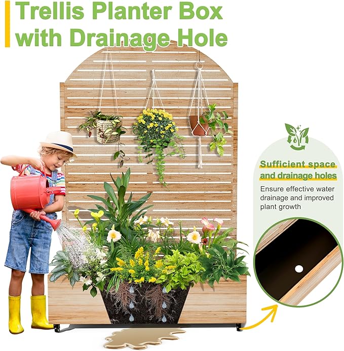 FENCY Metal Raised Garden Bed with Wheels and TrellisArched 73x47x16 Planter Box for Climbing Plants Vegetables &amp Vines Features Privacy Screen and Drainage Holes (Acacia Wood Finish)
