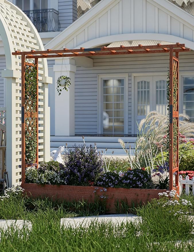 CABIHOME Raised Garden Bed with Arch Trellis and WheelsWooden Planter Box with Hanging Roof Side Trellis 4 Drainage Holes for Climbing Plants Vegetables &amp Vines 79x17x72 Orange