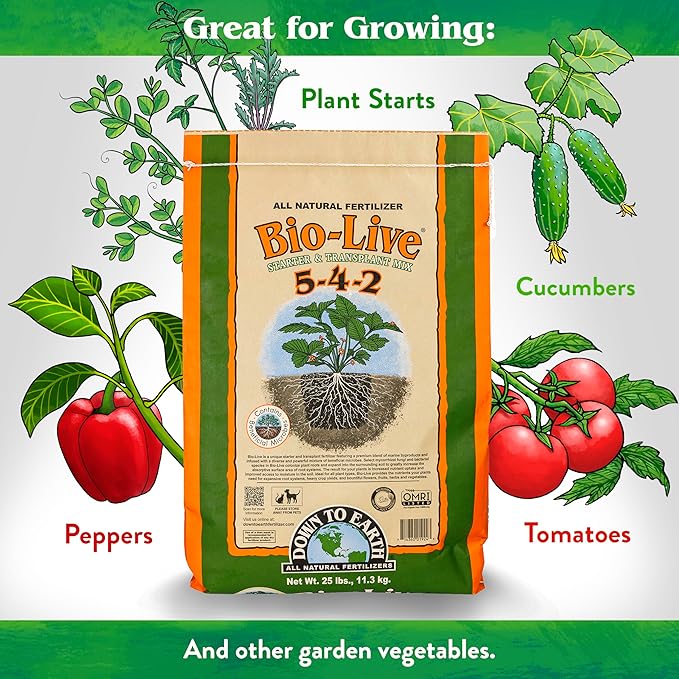 Down To Earth All Natural Fertilizers Organic Bio-Live Starter &amp Transplant Mix with Mycorrhizal Fungi and Benefical Microbes for Plant Food 5-4-2 25 lb