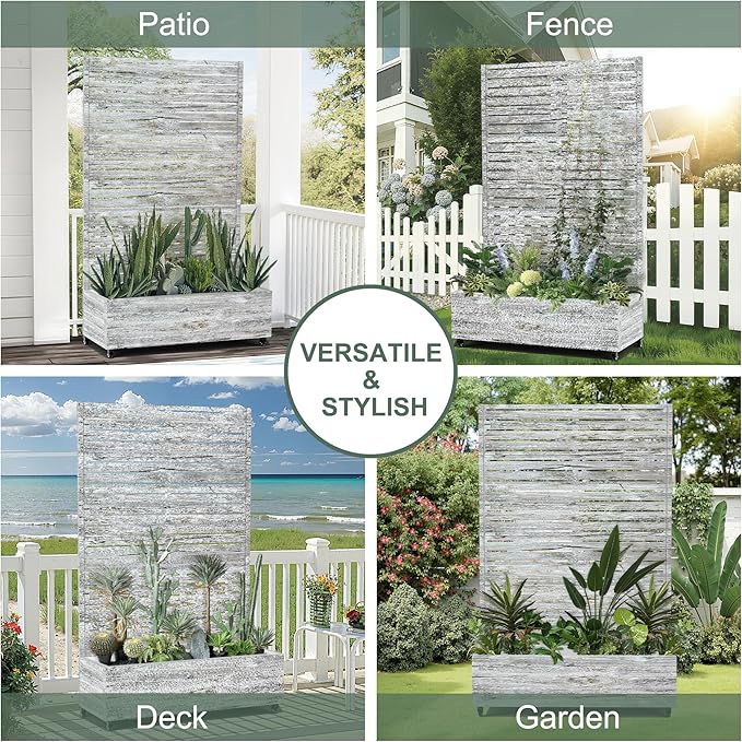 Metal Planter Boxs with Trellis &amp Wheels for Outdoor Plants Vines Large Raised Garden Beds with Drainage Holes for Patio (47 L Gray Oak Grain)