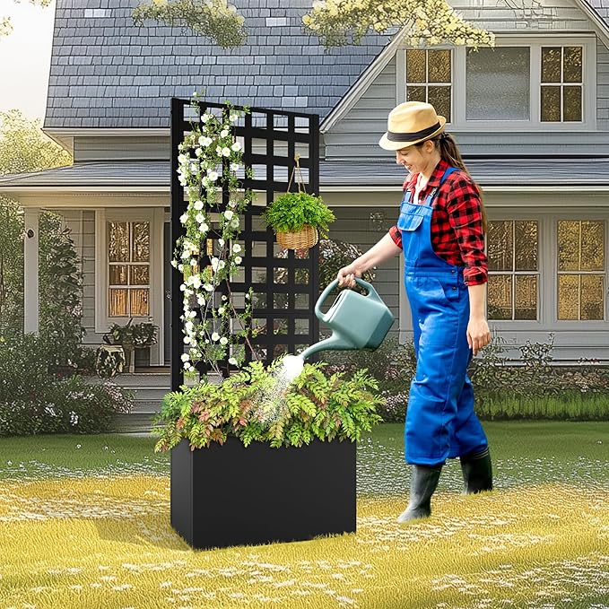 Metal Planter Box with Trellis Raised Garder Bed with Drainage Hole Privacy Screen &amp Trellis for Climbing Plants Outdoor Plant Stands 24''L×12''W×63''H Black