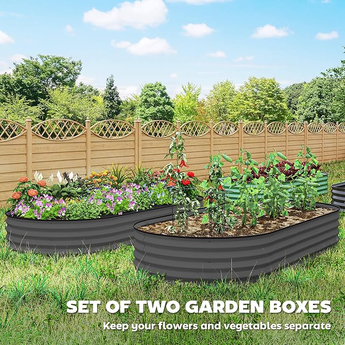 Outsunny 2PCS Galvanized Raised Garden Bed 7' x 3' x 1' Raised Beds for Gardening with Plant Support Stakes Rubber Strap Edging and Gloves Metal Planter Box for Vegetables Flowers Dark Gray