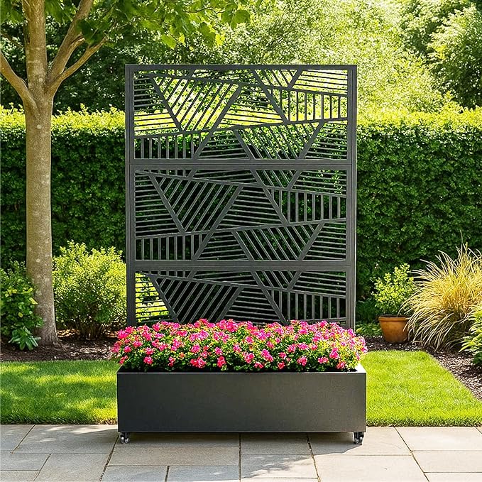 GarveeLife Metal Privacy Screen with Wheels – Galvanized Steel Garden Trellis &amp Planter Box for Climbing Plants/Vines– Galvanized Raised Garden Bed for Patio Yard Balcony