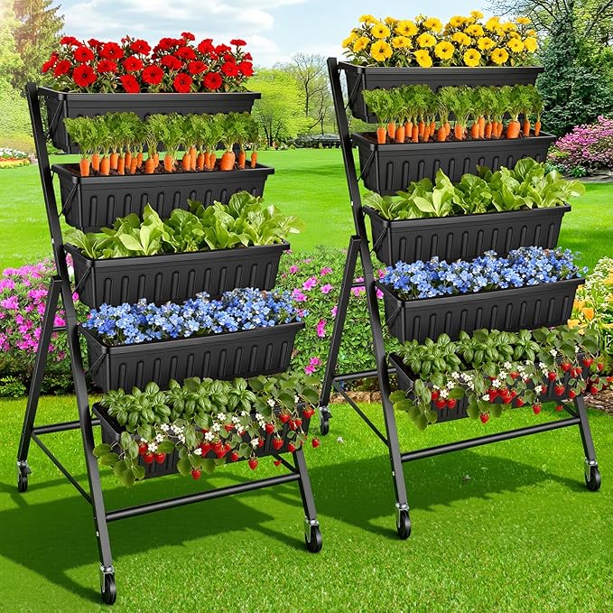 Homdox 2 Pack Elevated Garden Bed 5-Tier Freestanding Vertical Raised Bed for Gardening 5 Garden Planter Boxes &amp 5 Hooks Perfect to Grow Vegetables Herbs Flowers Outdoor Indoor Black with Whee