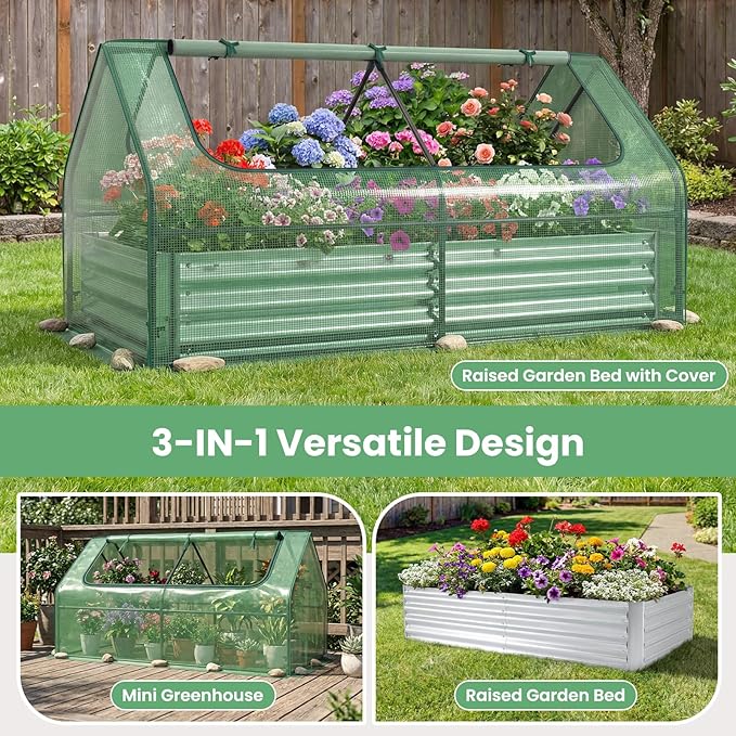 HAPPYGRILL Raised Garden Bed with Cover Outdoor Planter Raised Bed w/2 Large Zipper Mesh Screen Windows Galvanized Metal Planter Box for Gardening Flowers Vegetables (Green &amp Silver)