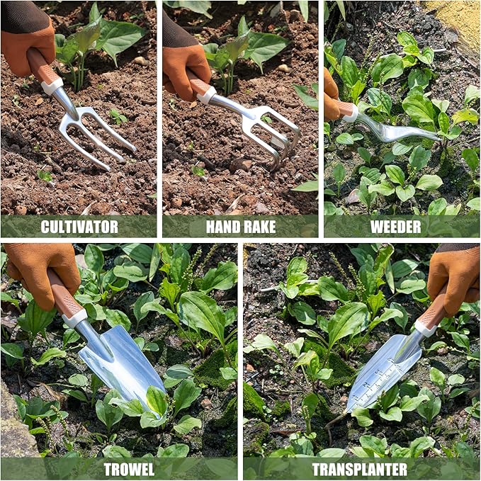 Garden Tool Set 12 Pcs Heavy Duty Floral Gardening Tools Kit with Gardening Hand Weeder Tools Durable Storage Bag and Gloves Gifts for Women and Men Brown