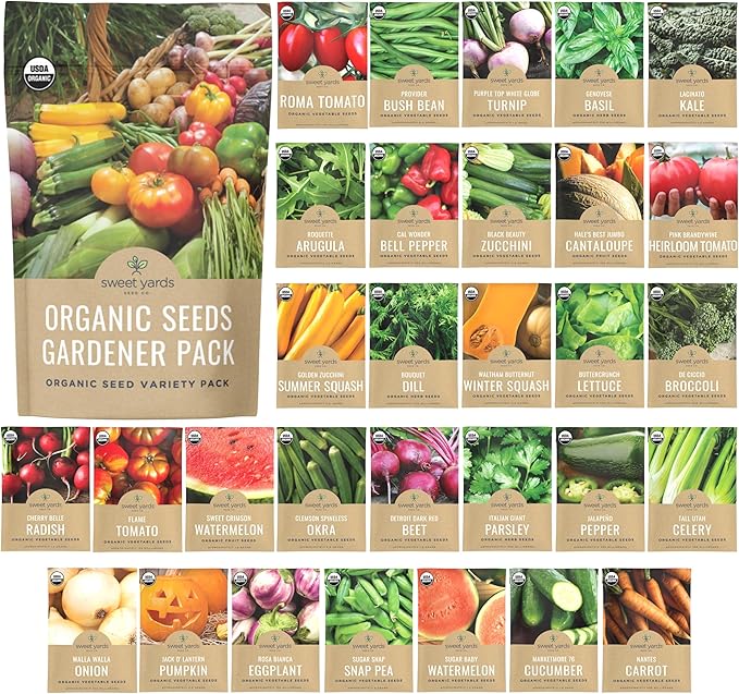 Organic Seeds Gardener Variety Pack - 30 Individual Packs - 2026 Season - Arugula Basil Winter Squash Nantes Carrots and More! for Indoor &amp Outdoor Planting (Non-GMO Certified Organic)
