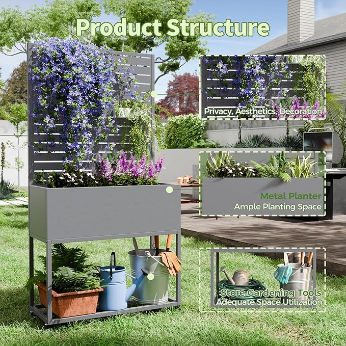 Metal Planter Box with Trellis67 H x35 W Raised Garden Beds with Privacy Screen for Climbing Plants Flower Elevated Standing Planter Garden Bed with Drainage Holes for Outdoor PatioGrey