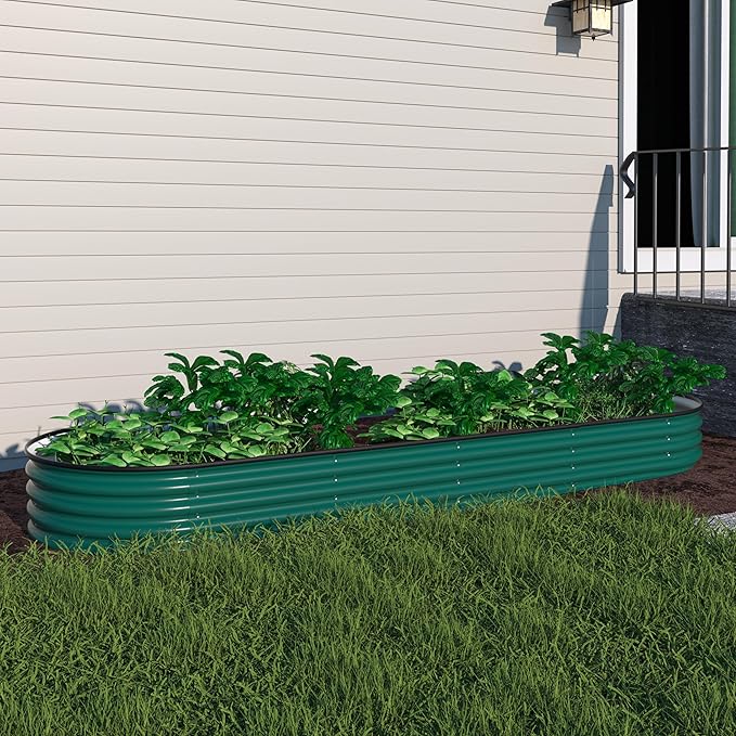 8x2x1ft Galvanized Raised Garden Bed 9-in-1 Outdoor Metal Raised Planter Box Oval for Vegetable Flower Backyard and Patio Green