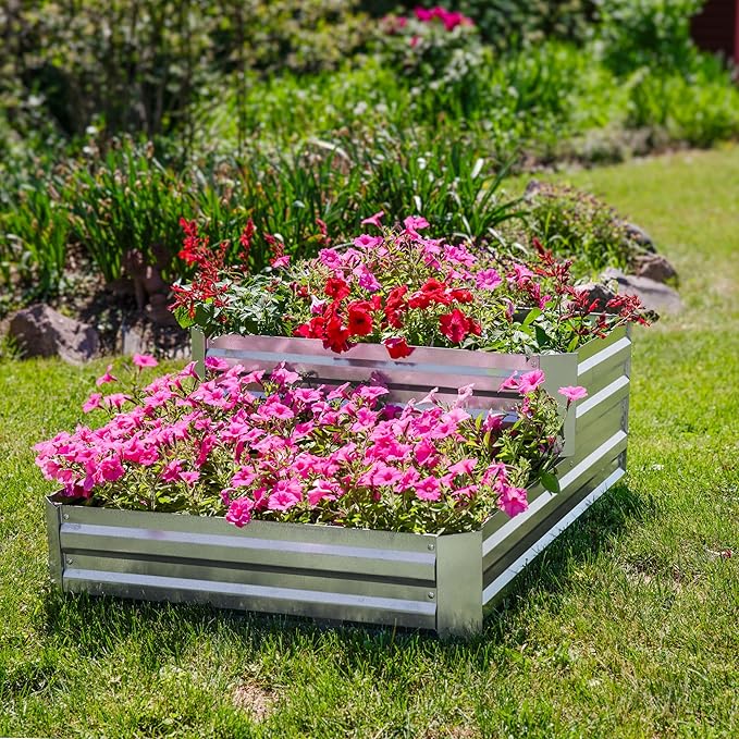Sunnydaze 2-Tier Galvanized Steel Raised Garden Bed - for Flowers Plants and Vegetables - 94.5-Gal Soil Capacity - Silver