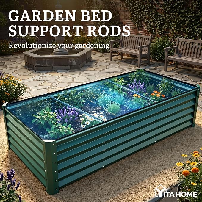 YITAHOME 8x4x1.5 ft Galvanized Raised Garden Bed Kit Large Metal Planter Box with Gloves Safety Rubber &amp Support Rod Outdoor Flower Bed for Plants Vegetables Green