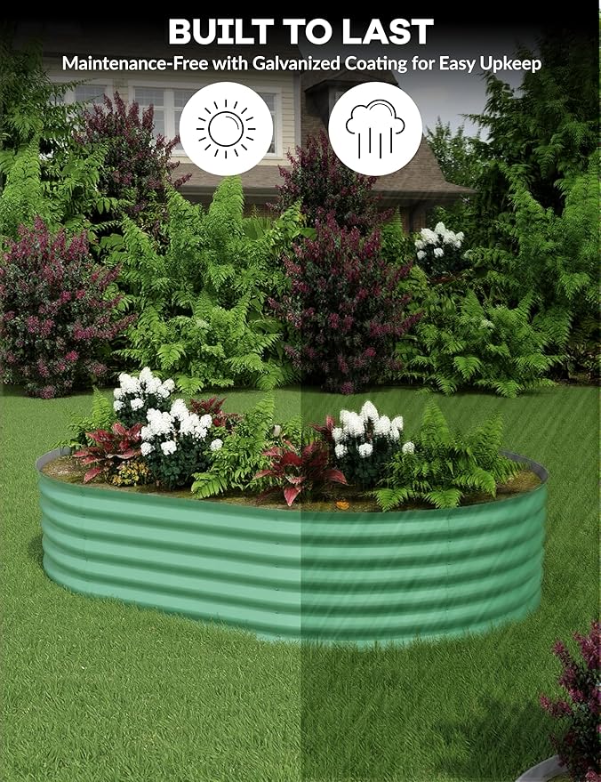 Professional-Grade 8x4x1.5ft Oval Planter Bed - 0.6mm Thick Galvanized Steel Raised Bed for Vegetables/Herbs/Flowers Weatherproof Outdoor Gardening Kit with Tool-Free Assembly (BackyardPatioGreen)