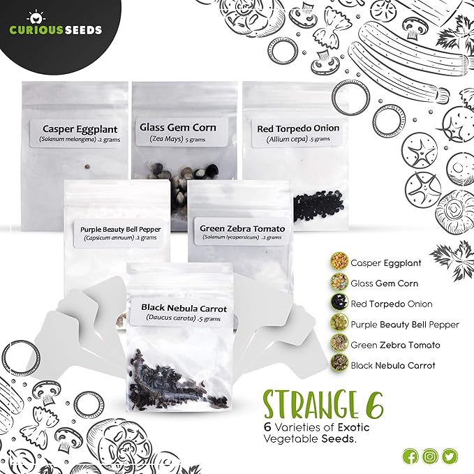 Exotic Vegetable Seeds Variety Pack - 6 Curious Garden Varieties to Grow Non GMO Open Pollinated Heirloom and Untreated for Planting Unique Gardening Gift for Indoors and Outdoors