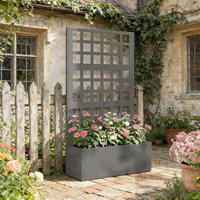 Galvanized Steel Raised Garden Bed with Trellis - Heavy-Duty Metal Planter Box for Vegetables &amp Climbing Plants Weather-Resistant Outdoor Vertical Garden Kit (Gray)