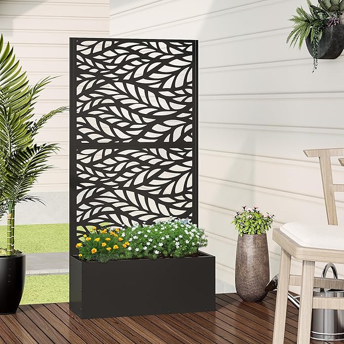 Casaphoria Metal Raised Garden Bed with Trellis 59x30x12 Planter Box for Climbing Plants Vegetables &amp Vines Features Drainage Holes and Privacy Screen (Black-Spring)