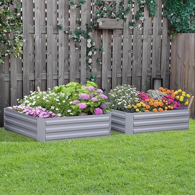 2 Pcs Galvanized Raised Garden Bed 3.3' x 3.3' x 1' Metal Planter Box for Growing Vegetables Flowers Herbs Succulents Gray