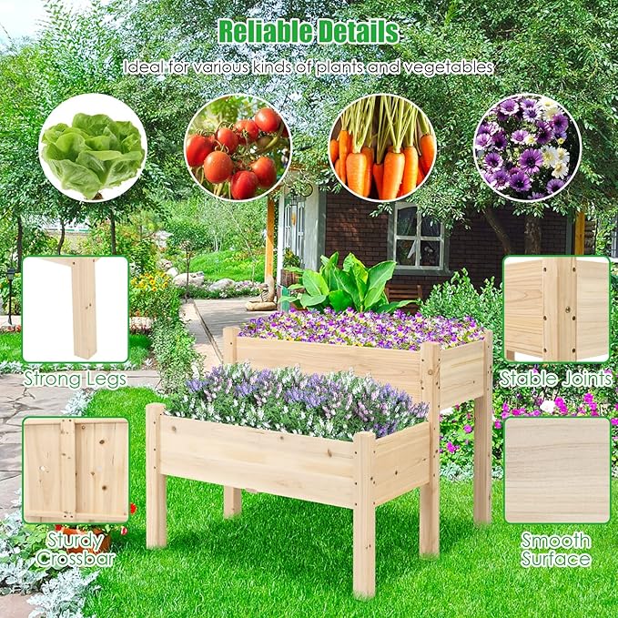 COSTWAY Raised Garden Bed 2-Tier Wooden Elevated Planter Box Stand with Legs for Vegetables Flowers Herbs Outdoor Indoor Garden Bed Kits for Backyard Patio Balcony Patio Natural