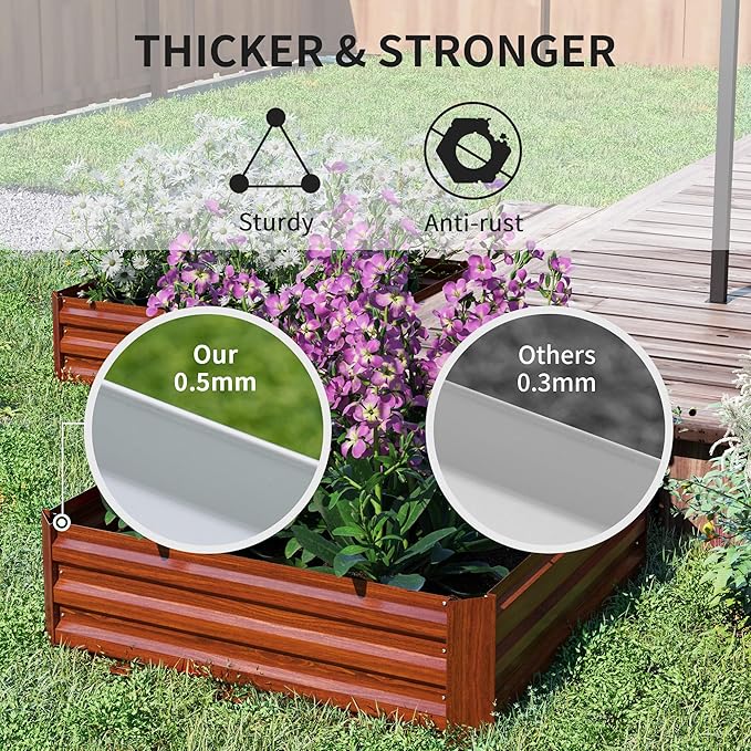 Outsunny 2 Piece Galvanized Raised Garden Bed 3.3' x 3.3' x 1' Metal Planter Box for Growing Vegetables Flowers Herbs Succulents Dark Brown