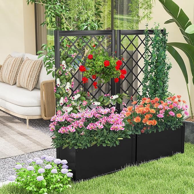 HAPPYGRILL 2 Raised Garden Bed with Trellis 44” Metal Elevated Garden Box for Climbing Plants Vine Outdoor Planter Box for Yard Garden Balcony