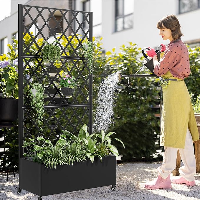 Casaphoria Metal Raised Garden Bed with Trellis and Wheels 72x35x16 Planter Box for Climbing Plants Vegetables &amp Vines Features Drainage Holes and Privacy Screen (Black-Rhombus)