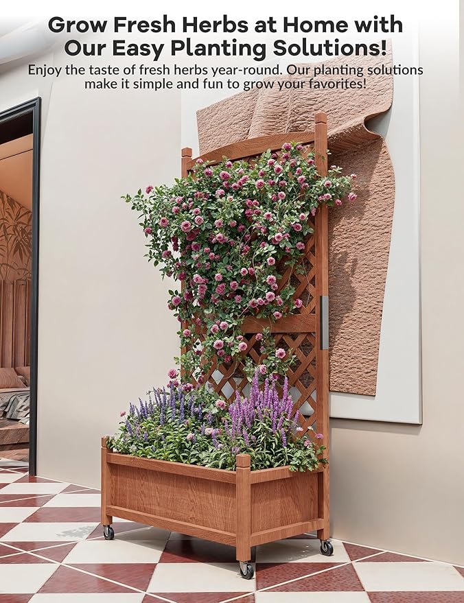 29.5x 13x 61.5Elevated Raised Garden Bed with Trellis - Rolling Wooden Planter Box with Drainage Holes &amp Wheels | Perfect for Climbing Plants Veggies &amp Flowers On Patios or Yards 2 PCS