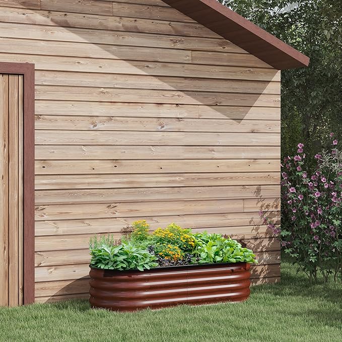 5' x 2' x 1.4' Galvanized Raised Garden Bed Kit Outdoor Metal Elevated Planter Box with Safety Edging Easy DIY Stock Tank for Growing Flowers Herbs Vegetables Brown