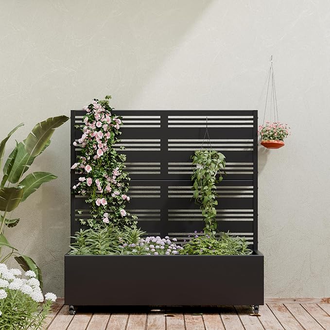Casaphoria Metal Raised Garden Bed with Trellis and Wheels 47x47x16 Planter Box for Climbing Plants Vegetables &amp Vines Features Drainage Holes and Privacy Screen (Black-Harold)