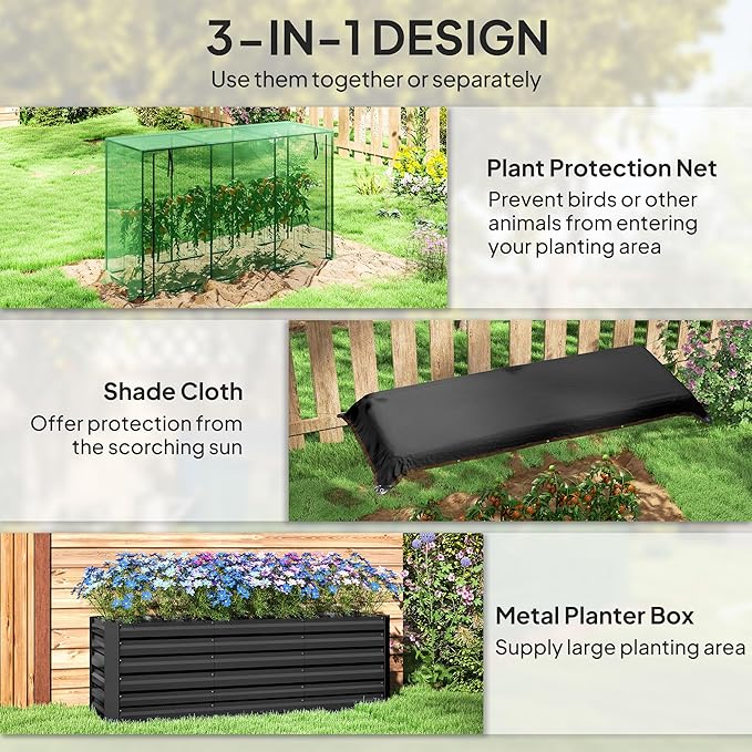 Galvanized Steel Raised Garden Bed with Crop Cage &amp Shade Cloth Complete Plant Protection System for Vegetables Herbs and Flowers Rust-Resistant Planter Box