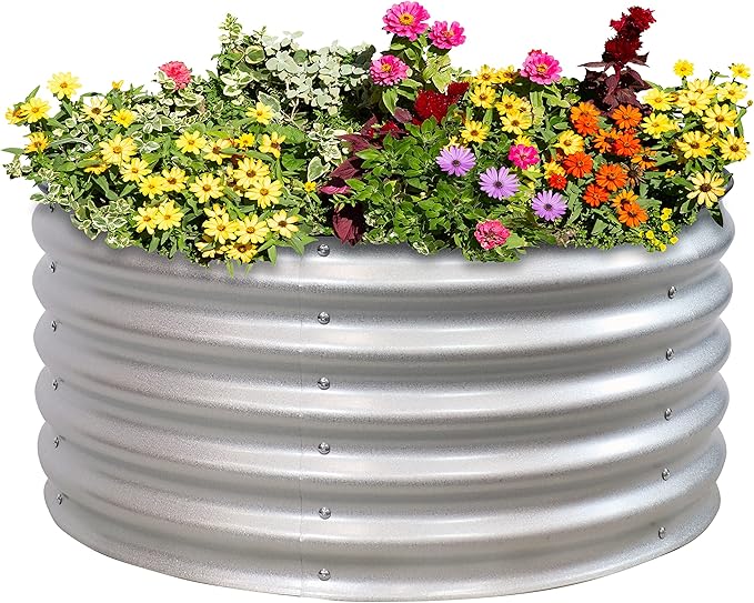 Sunnydaze 35.5-Inch Round Metal Raised Garden Bed - Galvalume Steel Garden Bed with Rubber Edge Trim - Silver
