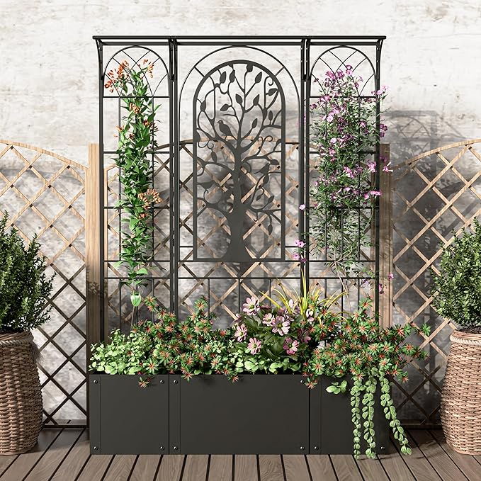 Metal Planter Box with Trellis Raised Garden Bed with Trellis Privacy Screen 62 inch Tall Planter Boxes for Climbing Plants Flowers Vegetables Fruits Balcony and Patio Decor (Black)